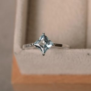 Aquamarine ring, princess cut, square, sterling silver, March birthstone |  #affiliate