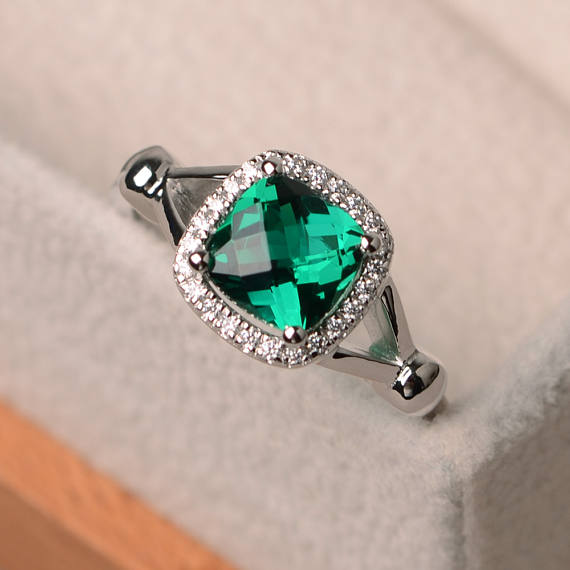 Emerald Engagement Ring, Cushion Cut Emerald, Promise Ring, Sterling Silver, Emerald