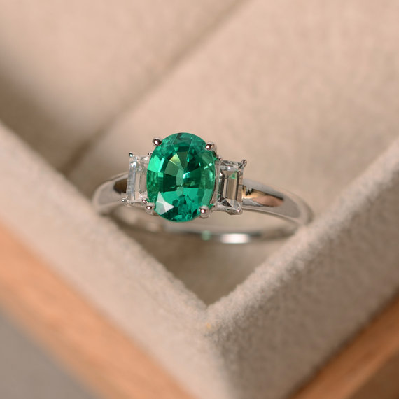 Lab Emerald Ring, May Birthstone, Three Stone Ring, Oval Emerald, Sterling Silver, Engagement Ring