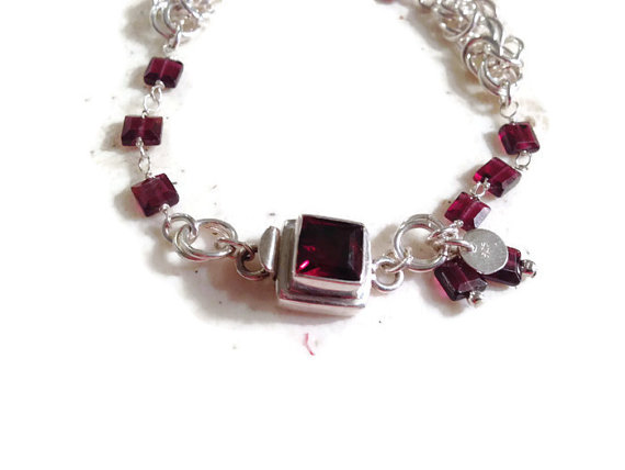 Garnet Bracelet - January Birthstone - Sterling Silver Jewelry - Garnet Gemstone Jewellery - Red - Chainmaille - Box Clasp