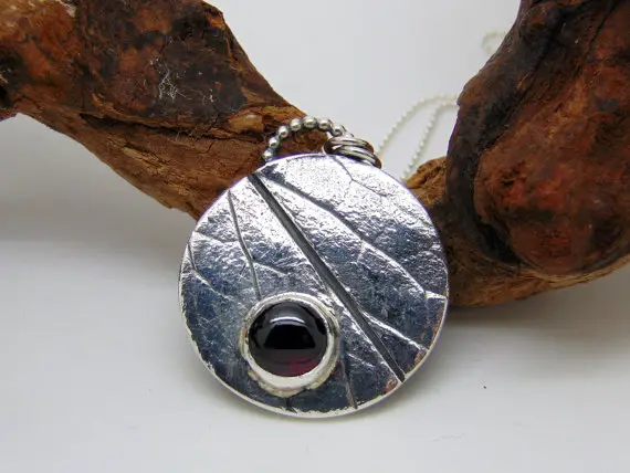 Sterling Silver Garnet Pendant - January Birthstone - Silver Pendant - Birthstone Jewellery - Leaf Pendant - Nature Jewellery