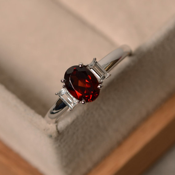 Garnet Engagement Ring, Multistone, January Birthstone, Silver Rings Gemstone, Red Gemstone