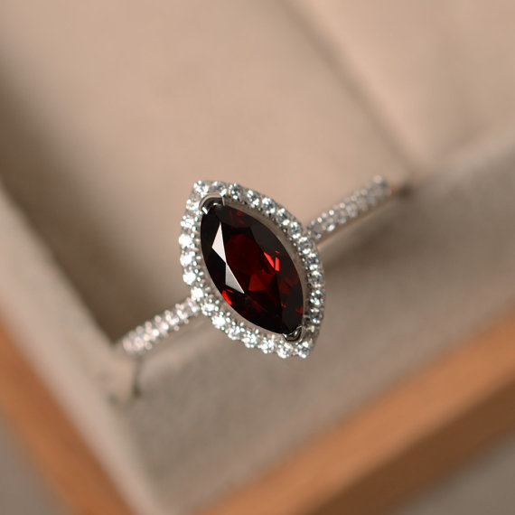 Marquise Cut Engagement Ring, Red Garnet, Sterling Silver, January Birthstone Gemstone
