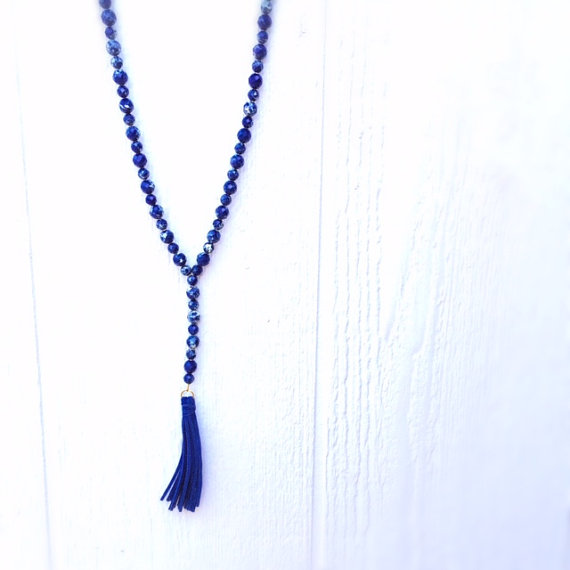 Blue Necklace - Tassel Jewelry - Long Emperor Jasper Gemstone Jewellery - Gold - Fashion
