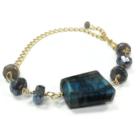 Gray Bracelet - Labradorite Bracelet - Gold Jewelry - Gemstone Jewellery - Chain - Grey Fashion Luxe Wire Wrapped Iridescent B-242