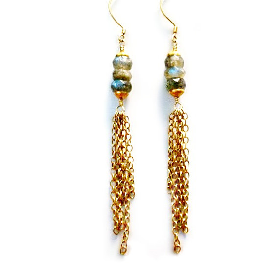 Gray Labradorite Earrings - Gemstone Jewelry - Gold Chain Jewellery - Dangle - Pierced