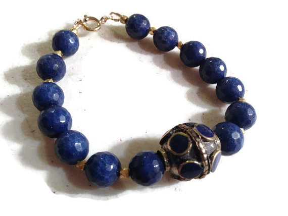 Blue Bracelet - Gold Jewelry - Lapis Gemstone Jewellery - Brass - Fashion - Beaded