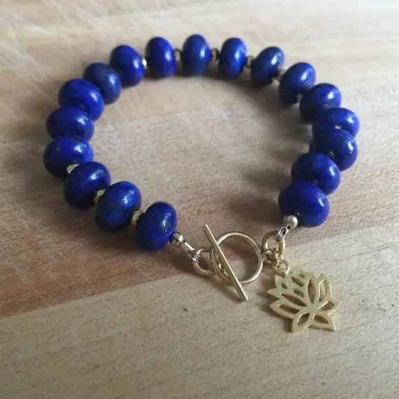 Lapis Bracelet - Navy Blue Gemstone Jewellery -lapis Lazuli Jewelry - Gold Pyrite - Lotus Flower Charm