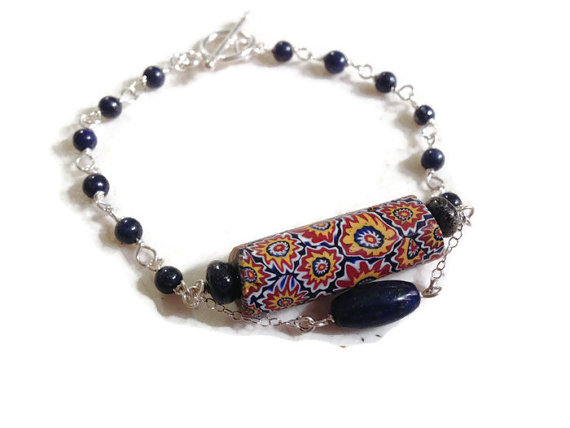 Lapis Bracelet - Vintage African Trade Bead - Sterling Silver Jewelry - Gemstone Jewellery - Unique