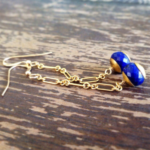 Lapis Earrings - Gold Jewellery - Navy Blue Gemstone Jewelry - Lapis Lazuli - Chain