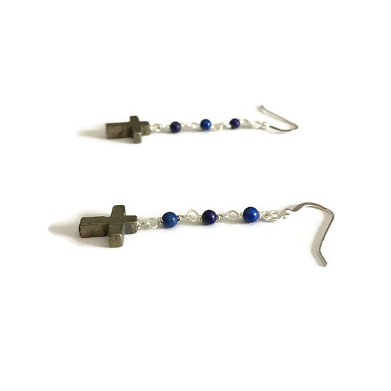 Lapis Earrings - Navy Blue Jewelry - Pyrite Cross Jewellery - Sterling Silver - Beaded - Gemstone - Mixed Metal - Handmade - Gift - Carmal