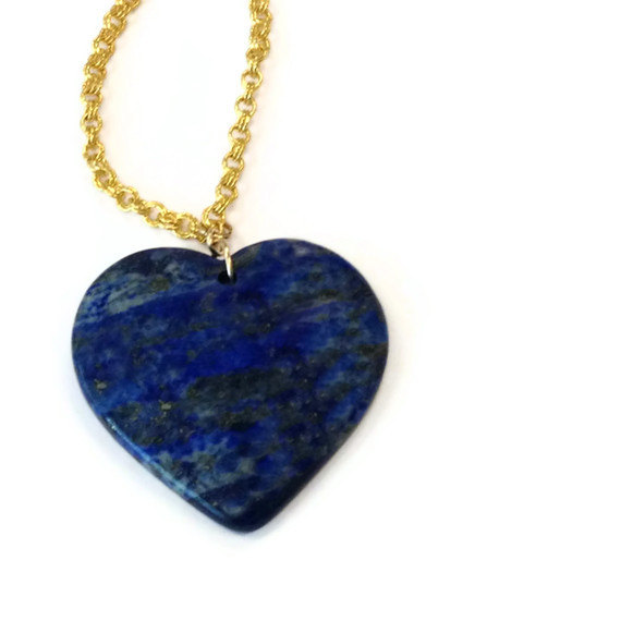 Navy Blue Necklace - Lapis Heart Pendant - Yellow Gold Jewelry - Lapis Lazuli Gemstone Jewellery - Long Chain - Denim - Valentine N-tbm