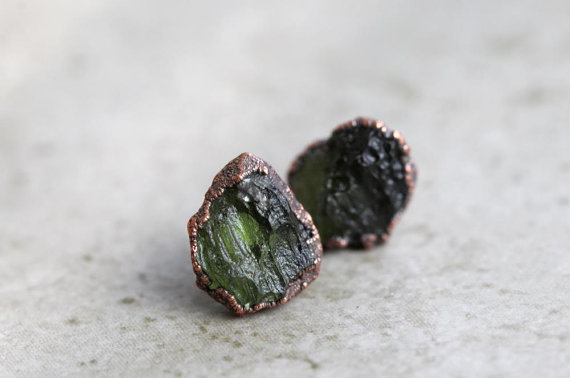 Moldavite Earrings - Sterling Silver Posts - Green Crystal Stud Earrings - Gold Moldavite Posts