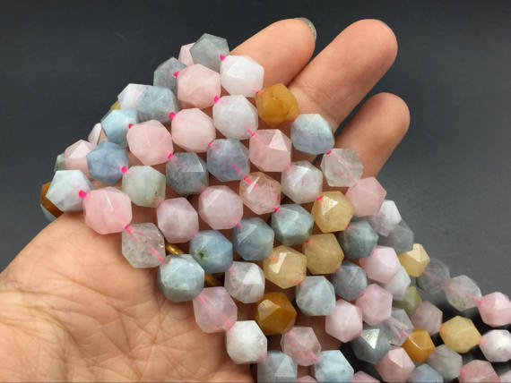 10mm Faceted Morganite Beads Multicolor Morganite Stone Beads Cube Beads Hexagon Beads Gemstone Semiprecious Beads 15.5" Strand