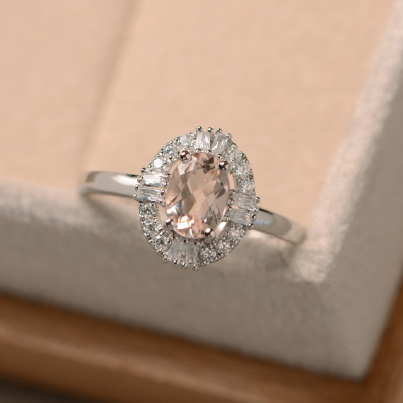 Morganite Engagement Ring, Oval Cut Morganite, Sterling Silver, Pink Gemstone