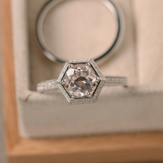 Morganite Engagement Ring, Pink Morganite, Hexagon Ring,