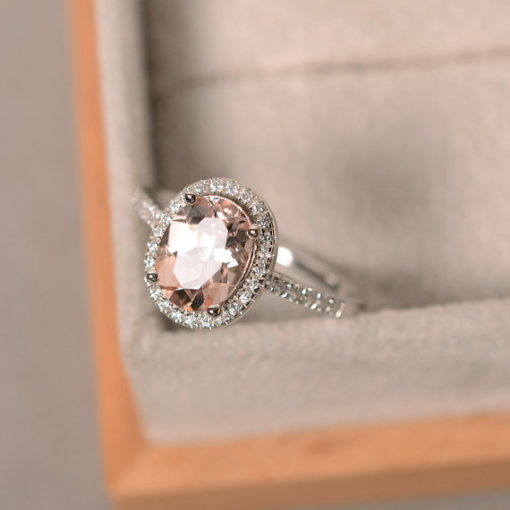 Natural Morganite Wedding Ring, Sterling Silver, Pink Gemstone, Vintage Halo Ring