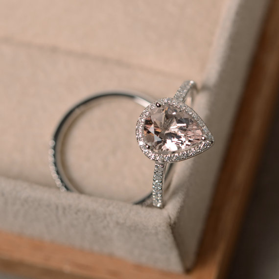 Pink Morganite Engagement Ring, Tear Drop Shaped, Peach Gemstone, Sterling Sivler, Halo Bridal Ring Sets