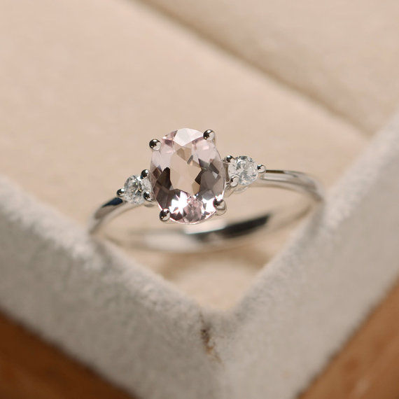 Real Natural Morganite Ring, Pink Stone, Sterling Silver, Oval Shape,rose Gold Engagement Ring