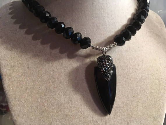 Black Necklace - Onyx Arrow Pendant - Sterling Silver - Statement Jewellery - Crystal Jewelry - Chunky - Trendy - Gift - Carmal - Handmade