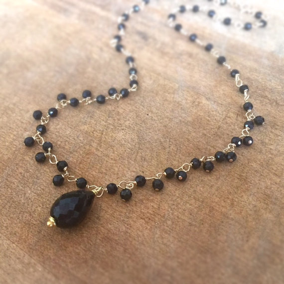 Black Onyx Necklace - Gemstone Jewelry - Gold Jewellery - Tear Drop Pendant - Wire Wrapped - Luxe - Statement
