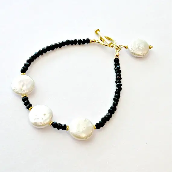 Black White Bracelet - Pearl Spinel Gemstone Jewellery - Gold Jewelry - Luxe  B-178