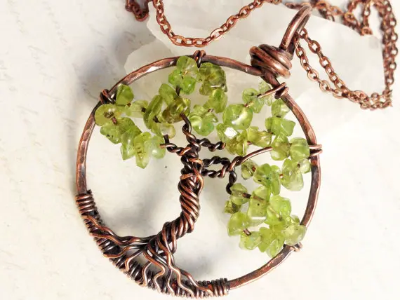 Peridot Tree Of Life Pendant Necklace Copper Wire Wrapped Lime Green Gemstone Talisman August Birthstone Gift For Her Mother's Day Gift