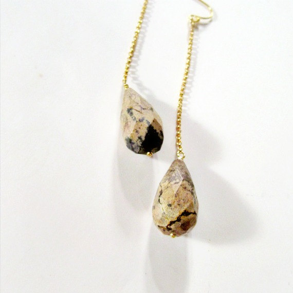 Tan & Black Jasper Earrings Neutral Gemstone Jewelry Yellow Gold Jewellery Long Dangle Drop Picture Jasper Er-83
