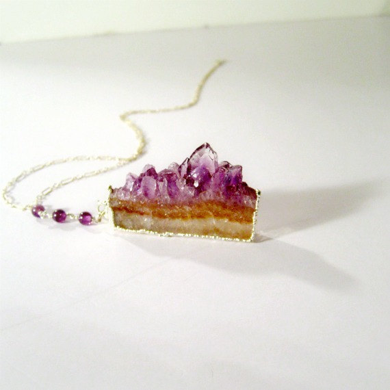 Purple Amethyst Gemstone Pendant - Druzy Necklace - February Birthstone Jewelry - Sterling Silver Chain - Drusy - Geode - Slice N-122