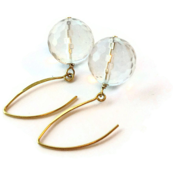 Clear Crystal Quartz Earrings - Yellow Gold Jewellery - Gemstone Jewelry - Dangle - Bride Bridesmaid Wedding  Er-138