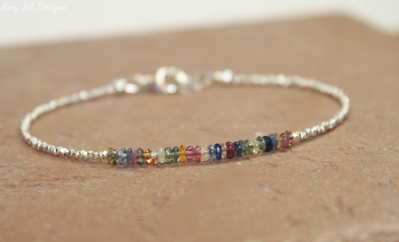 Multi Sapphire Bracelet, Hill Tribe Beads, Sapphire Jewelry, Pure Silver, September Birthstone, Gemstone Bracelet