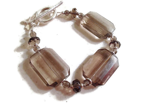 Smoky Quartz Bracelet - Brown Jewelry - Sterling Silver Bee Charm - Gemstone Jewellery - Chunky - Fashion