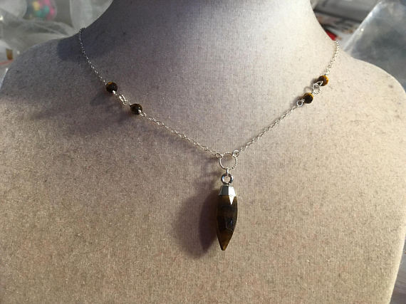 Tiger Eye Necklace - Sterling Silver Jewelry - Brown Gemstone Jewellery - Spike Pendant - Fashion