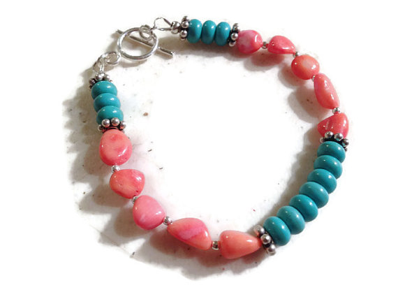 Coral & Turquoise Bracelet - Sterling Silver Jewelry - Gemstone Jewellery - Fashion - Mod - Beaded