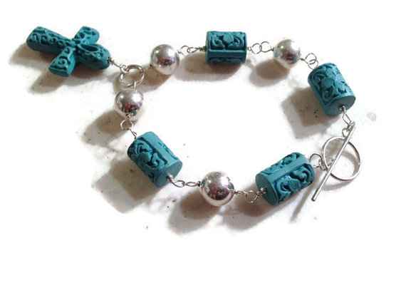 Turquoise Bracelet - Cross - Sterling Silver Jewelry - Cinnibar Jewellery - Fashion - Mod - Funky