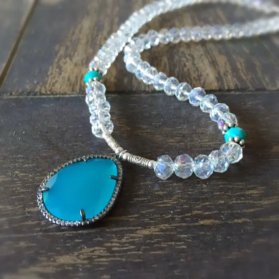 Turquoise Necklace - Crystal Jewelry - Statement - Sterling Silver Jewellery - Unique - Luxe - Pendant - Fashion