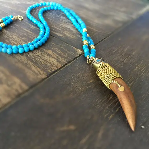 Turquoise Necklace - Horn Jewelry - Long - Statement - Brown - Gold - Gemstone Jewellery - Chunky - Fashion -trendy
