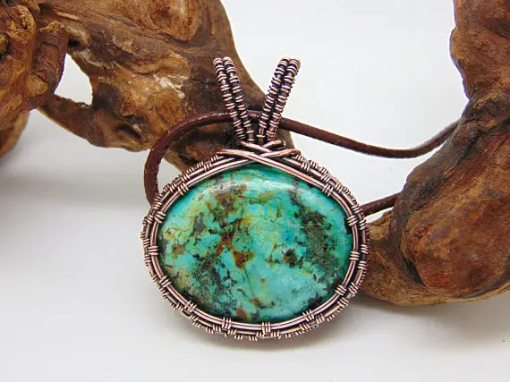 Green Turquoise Pendant, Wire Wrapped Jewellery, December Birthstone Necklace, Natural Turquoise, Protection Necklace, Copper Jewellery