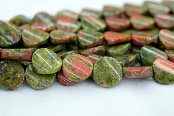 15.5" 16mm Natural Unakite Twisted/wave Coin Beads, Natural Red Green Gemstone, Semi Precious Stone Jgdoc