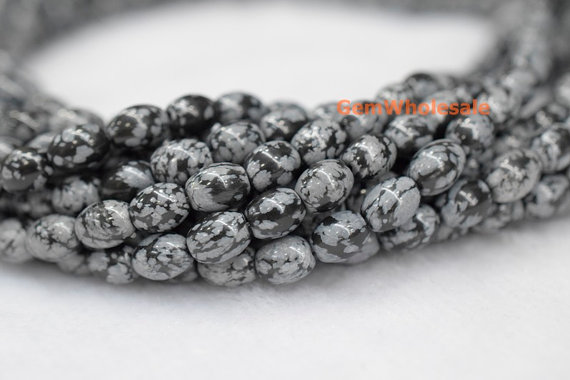 15.5" 6x12mm Snowflake Obsidian Rice Beads, Semi Precious Stone,black Grey Gemstone Beads, 6x12mm Barrel Beads