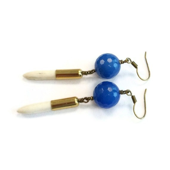 Blue And White Earrings - Brass Jewelry - Agate And Turquoise Gemstone Jewellery - Color Block - Spike - Point - Modern Er-155