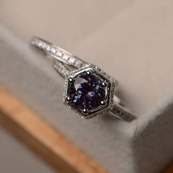 Engagement Ring Set, Lab Alexandrite Ring, Round Cut, Gemstone Ring Silver