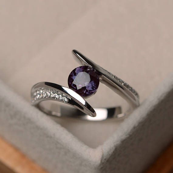 Bypass Alexandrite Ring, Round Cut Promise Ring, Bezel Setting, Sterling Silver