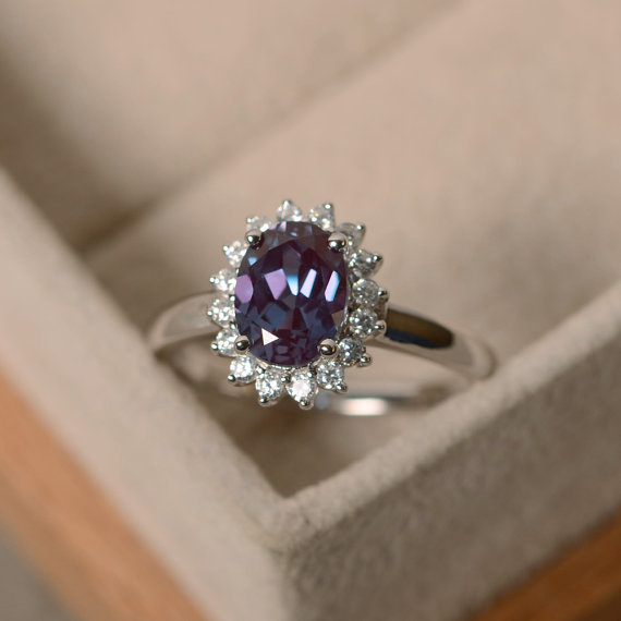 Oval Cut Alexandrite Cocktail Ring, Halo Ring, Sterling Silver, June Birthstone, Color Changing Gemstone