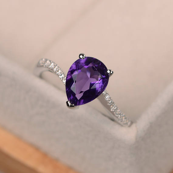 Amethyst Ring, Purple Gemstone Ring, Pear Shaped Ring, Engagement Ring, Promise Ring Silver