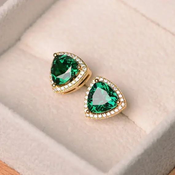 Emerald Studs, Trillion Cut Emerald Earrings, Halo Earrings,sterling Silver Plated With Yellow Gold