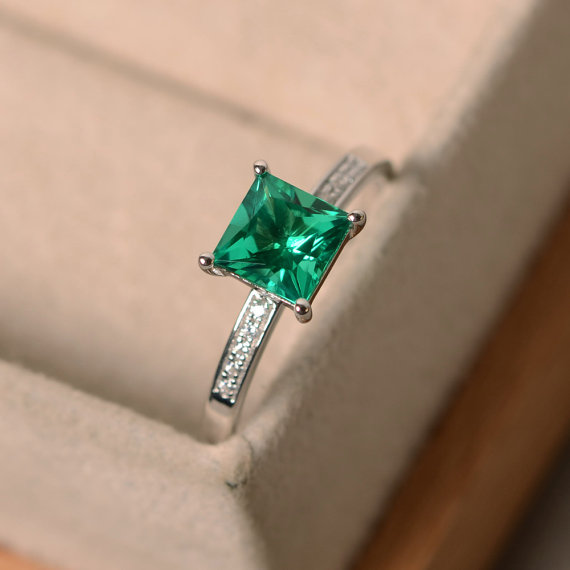 Emerald Engagement Ring, Sterling Silver, Princess Cut Emerald