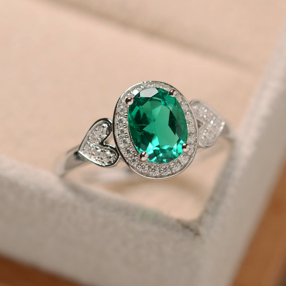 Emerald Ring, Oval Cut Ring, Engagement Ring, Sterling Silver
