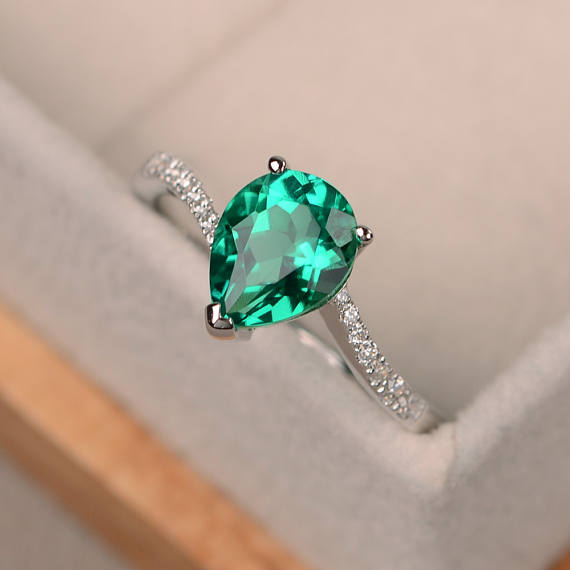Emerald Ring Silver, Pear Cut Engagement Rings, Green Gemstone Ring, May Birthstone