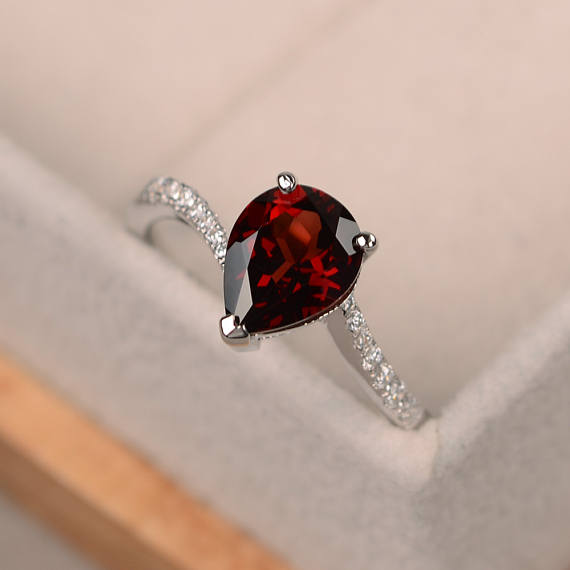 Pear Cut Garnet Ring, Engagement Ring Silver, Red Gemstone Ring, January Birthstone Ring